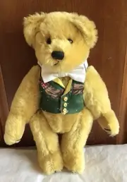 VINTAGE GOLFER PRINT TINY VEST AND WHITE BOW TIE HANDCRAFTED TEDDY BEAR CLOTHES.