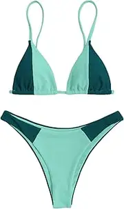 [ZAFUL] Women's Ribbed Triangle Bikini Set Colorblock Cheeky Bikini Smocked Swimwear Brazilian Swimsuits