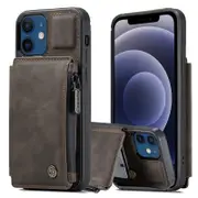 For Apple iPhone 12 CaseMe Back Zipper Wallet Case W/ 3 Card Slots, RFID Blocking, 1 Money Pocket, Credit Card Holder Leather Cover (Brown)