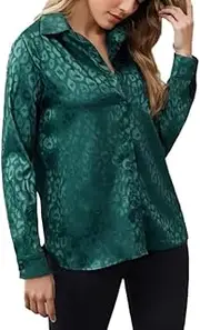 [DSAoTeng] Women Long Sleeve Leopard Print Turn-Down Collar Button Up Chiffon Shirts -Casual Fashion Loose Fit Blouses for Office Wear