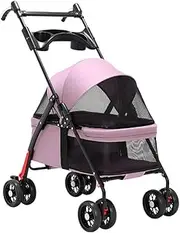 Pet Stroller Pushchair Dog Cat Travel Pram Carriage Foldable Cart Carrier, Pet Cat Dog Stroller with Cup Holder Tray, Pet Dog Strollers for Small Dogs, Adjustable Handle(Pink)