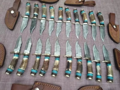 LOT OF 30 DAMASCUS STEEL BLADE 6" INCHES STAGHORN/RESIN HANDLE KNIVES W/SHEATH