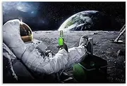 FBITE Paintings Outer Space Astronaut Canvas paintings Cosmonaut Drinking Beer On Moon prints Posters Funny Wall Pictures Decor 18x26inch Frameless