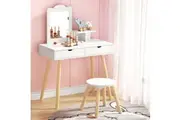 Keezi Kids Dressing Table Vanity Makeup Chair Set with Mirror Drawers Wooden Legs