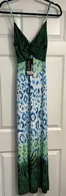 EVER PRETTY Womens Sz 6 Maxi Green Peacock V Neck Smocked Back Boho Gypsy NWT