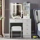White Dressing Table Stool Set With Slide LED Makeup Mirror 6 Drawer Vanity Desk