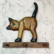 Handcrafted Wood Cat Wall Hook Peg Rack 3 Pegs Whimsical Handmade Brown 14.5"