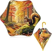[ODAWA] Kid Umbrella Autumn Squirrel in Forest Kids Umbrella Easy Open and Close Umbrellas with Easy Grip Strap