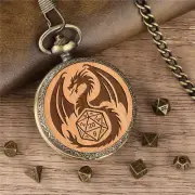 7 x Polyhedral DND Dice Set Engraved Dragon Pocket Watch Case Role Play Game