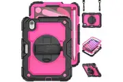 iPad Mini 7 2024 8.3 Inch Case with Screen Protector Hand Strap Stand & Shoulder Strap-Black&RoseRed