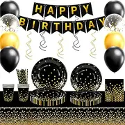 Black and Gold Party Supplies Tableware for 16 Guests, Black and Gold Plates Napkins Cups Black Gold Dot Tablecloth etc Party Tableware Black and Gold for Baby Shower Graduation Birthdays etc