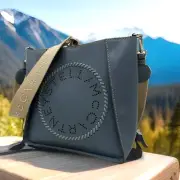 Auth NWT $1225 Stella McCartney Logo Alter Napa Leather CrossBody In Blue Lagoon
