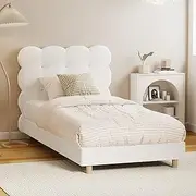 Oikiture Single Bed Frame Boucle Mattress Platform Bed Base White