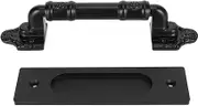 Sliding Barn Door Handle Set, Heavy Duty Pull and Flush Barn Door Handle Set, Matte Black Rustic Cabinet Handles Door Pull Handle for Gates, Garages, Sheds, Furniture