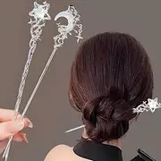 2pcs Star Moon Hair Sticks for Buns Long Hair Metal Silver Hair Stick Pin Hair Chopsticks for Women Chinese Hairpin Hair Pin Vintage Hair Pins Hair Chopstick Hairstick Hair Accessories for Gifts