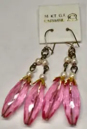 VINTAGE PIERCED EARRINGS PINK PLASTIC with faux pearl DANGLES GOLD FILLED WIRES