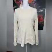 Ann Taylor NWT Ivory Pointelle Peplum Wool Pullover Sweater Sz M Bell Sleeves
