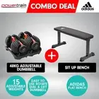 2x Powertrain 24kg Adjustable Dumbbell Home Gym Weights w/ 10437 Adidas Bench