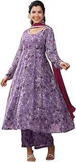 [Janasya] Indian Women's Lavender Flowy Kurta Kurti Top Tunic Floral A-Line Festive Wear Kurta Set for Women