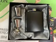Black Hip Flask Set with 2 Shot Glasses Funnel and Gift Box Stainless Steel 6oz