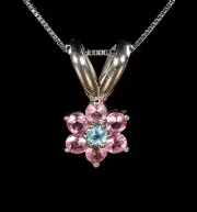 Red Emerald (beryl) & Unheated Montana Sapphire Flower Pendant in 18K White Gold