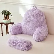 XeGe Fluffy Back Support Pillow Cover for Bed (No Filler), Light Purple Faux Fur Backrest Pillow Case, Lilac Furry Reading Pillow with Arms for Adults Kids, Fuzzy Sit Up Study Pillow, Lavender
