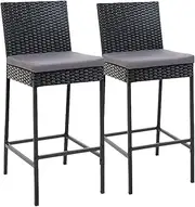 Gardeon Set of 2 Wicker Outdoor Bar Stools, Patio Chairs Bistro Dining Lounge Garden Pool Backyard Deck Furniture, Water-Resistant Backrest Stool with Footrest Black