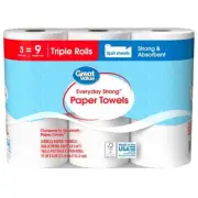 Great Value Paper Towels – 3 Triple Rolls, Split Sheets, Everyday Strong