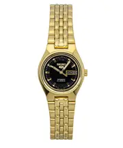 Seiko 5 Gold Tone Stainless Steel Black Dial Day/Date 21 Jewels Automatic SYMK38K1 Ladies Women's Watch