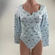 Victoria's Secret PINK Cotton Long Sleeve Bodysuit Top Light Blue M NWT