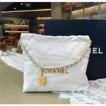 義大利製二手CHANEL 香奈兒 22S新款 白色 金字 小牛皮 菱格 垃圾袋包 手提袋 單肩包 AS3260