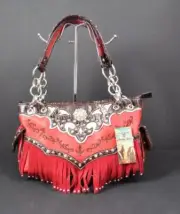 Heritage West Red Brown Fringe Rhinestone Concho Stud Tote Shoulder Handbag B7