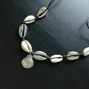 Silver Seashells Anklet Bracelet OSFA black cord tie closure half shells clam