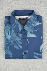 Tommy Hilfiger Men's Palm Tree Print Button Down Shirt Blue Size M Casual Fit