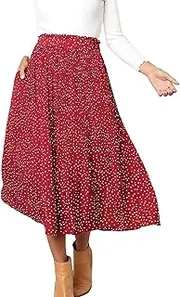 [Generic] Women's Midi Skirt Elastic High Waist Pleated Boho Dot A Line Swing Dress Casual Flared Long Skirts with Pocket