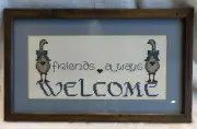 Completed Framed Friends Always Welcome Counted Cross Stitch Geese Hearts