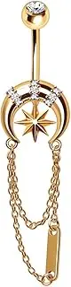 [Pierced Owl] 14GA Gold Plated 316L Stainless Steel Crescent Moon with Dangling Chains Belly Button Ring, 14ga, Metal, cubic zirconia