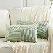 Fancy Homi 2 Packs Sage Green Lumbar Decorative Throw Pillow Covers 12x20 Inch for Living Room Couch Bed, Rustic Farmhouse Boho Home Decor, Soft Striped Corduroy Rectangle Accent Cushion Case 30x50 cm