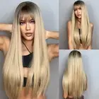 Blonde Wig With Bangs Long Straight Blonde Wigs for Women 30 Inch Ombre Wig D...
