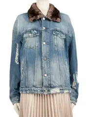 Blue Denim Fur Trimmed Collar Distressed Jacket