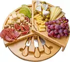 Bamboo Cheese Board and Knife Set – 14 Inch round Charcuterie Board, Serving Tra