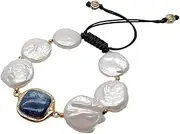 LAnGSHAW 8" Natural White Coin Freshwater Pearl Square Blue Kyanite Adjustable Bracelet