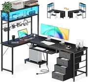 ODK 59Inch Reversible Computer Desk with Drawers,Corner Office Desk with LED Lights & Power Outlets, L Shaped Desk with Shelf & Extendable Keyboard Tray, Study PC Gaming, 149.5 * 100 * 149.5cm, Black