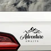 Adventure Awaits Mountain Travel Car Stickers - Waterproof Decal Use as Caravan Accessories, Suitcase Decorations - Caravan Gifts - Laptops, Vans, Mirrors (Black, 28cm x 18cm (11" x 7.1"))