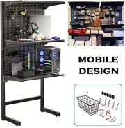 Gaming Standing Shelf Unit Home Cabinet w/ Metal Pegboard Organizer Tool Holders