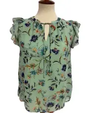 Philosophy Women's Cap Ruffle Sleeve Light Green Floral Chiffon Blouse Size S/P