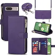 [Cavor] for Google Pixel 7 Case 6.3 inch PU Leather Folio Flip Wallet Back Cover Magnetic Case with Long Shoulder Lanyard Zipper Coin Purse 9 Card Holder Kickstand Wristlet Strap-Purple