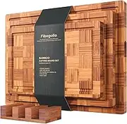 Bamboo Cutting Boards for Kitchen(Set of 3),Chopping Boards with Juice Groove,End Grain Serving Board with Holder,Bamboo Butcher Block for Meat,Vegetables,Fruit