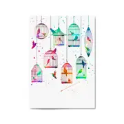 Watercolour Birds in Cages Cute Animal Wall Art