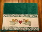 COMPLETED CROSS STITCH CHRISTMAS FINGERTIP TOWEL ANGELS GREEN HANDSEWN BY SELLER